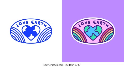 Love earth planet with rainbow, illustration for logo, t-shirt, sticker, or apparel merchandise. With doodle, retro, groovy, and cartoon style.