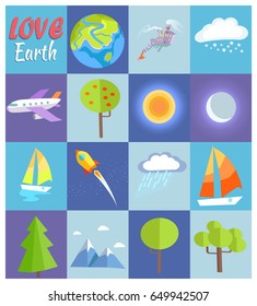 Love Earth vector illustrations in cells. Our planet, factory building, weather constituents, air and water crafts, green plants vector illustrations.