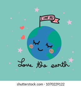 Love the earth word and planet cartoon vector illustration doodle style