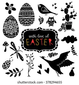 With love at Easter black silhouettes, icons set isolated on white background