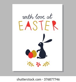 With love at Easter card design, calligraphic text, lettering. Eggs, rabbit, leaves, flower isolated on white background