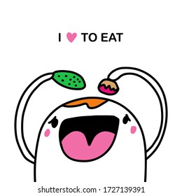 I love to eat hand drawn vector illustration in cartoon comic style man with cucumber and cake cute kawaii face