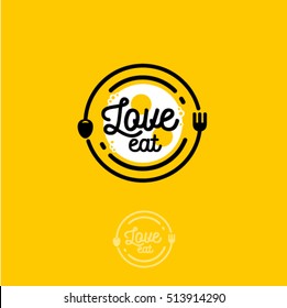 Love Eat logo. Cafe or restaurant emblem. Plate with fork, spoon and fried eggs in the yellow background.