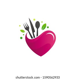 Love eat logo, healthy food logo template. vector of heart shape with spoon, fork and knife, organic product label, diet menu symbol, dining and restaurant logo element