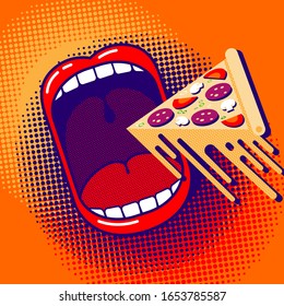 ¡Me encanta comer pizza! Afiche cómico. Una gran boca abierta con un trozo de pizza con queso derretido estirado en un fondo brillante.