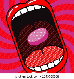 Love to eat sausage! Funny cartoon poster. Large open mouth with slice of sausage on a dynamic background with rotation.