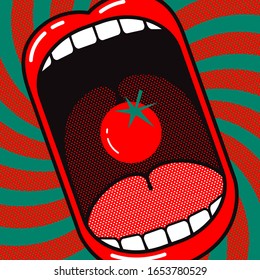 ¡Me encanta comer tomate! Afiche cómico. Gran boca abierta con cereza de tomate sobre un fondo dinámico con rotación.