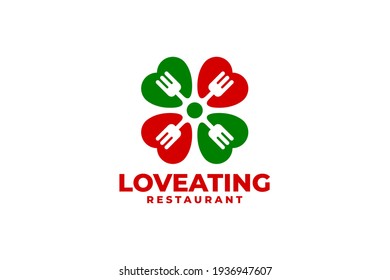 Love Eating Logo. Combination Of Love Shape And A Fork Shape Forming A Flower. Restaurant Logo.