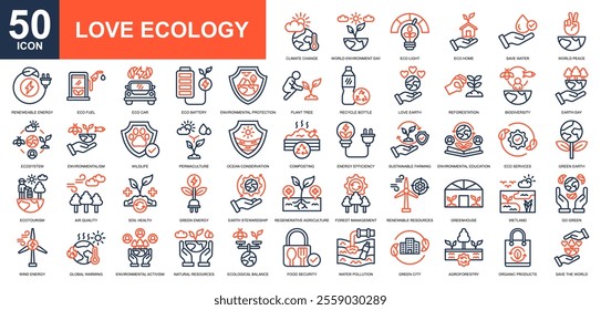 Love Ecology icon collection set. Save the world, environmentally friendly, environment protection, environmental awareness, environmental services icon. Simple line color vector.