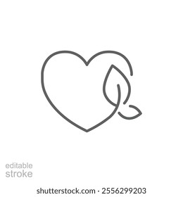 Love ecology icon. Simple outline style. Heart shape and leaves, leaf, organic, eco, vegan, herbal healthcare, nature care concept. Thin line symbol. Vector illustration isolated. Editable stroke.