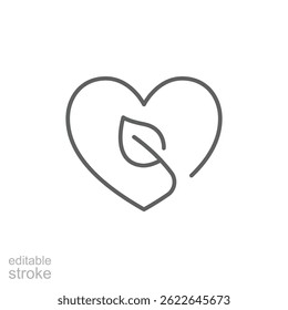 Love ecology icon. Simple outline style. Heart shape and leaves, leaf, organic, eco, vegan, herbal healthcare, nature care concept. Thin line symbol. Vector illustration isolated. Editable stroke.