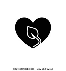 Love ecology icon. Simple solid style. Heart shape and leaves, leaf, organic, eco, vegan, herbal healthcare, nature care concept. Black silhouette, glyph symbol. Vector illustration isolated.
