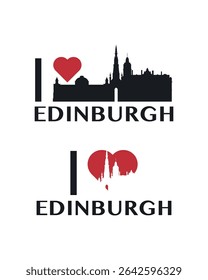 I love Edinburgh vector art, badge, tag, icon, logo concept. Scotland, UK city landmarks and heart isolated image layout for print, image, card