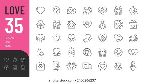 Love Editable Icons Set. Vector illustration in thin line style of romantic icons: love messages, couples, hearts, and more. Isolated on white