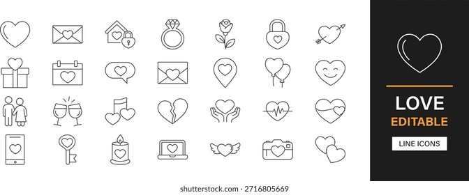 Amor editable línea iconos pack. Corazón, romance, San Valentín, boda, pareja, relación, afecto, pasión, regalo, mensaje, fecha, matrimonio, emoción y más iconos.