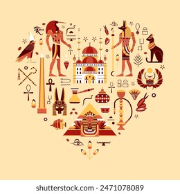 I love Egypt elements set in heart shape. Travel collection of famous Egyptian symbols like pyramid, sphinx, ancient Egyptian gods, scarab, hieroglyphs, cultural signs and architectural landmarks.