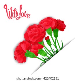 With Love. Elegant template of flowers Carnations in stylized cuts paper. Use as poster, web, greeting card and advertisement.
