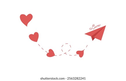 Love element. Valentine element. Paper airplane with heart on the way. Flat vector in cartoon style isolated on white background.