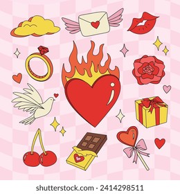 Love elements cartoon set, groovy, Funky cartoon, rose, flower, vector illustration, heart, valentine, cartoon, gift, ring, love letter, chocolate, cherry, candy, lollipop, ribbon, dove, kiss