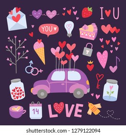 Love elements and icons vector illustrations. Beautiful St. Valentine's Day symbols