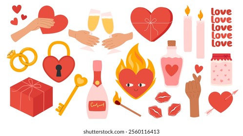 Love elements set. Valentine's day stickers and greeting cards. Hearts, gifts and other romantic symbols. Flat Vector illustration isolated on white background 