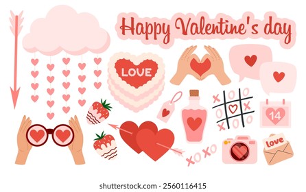 Love elements set. Valentine's day stickers and greeting cards. Hearts, gifts, sweets, cake, envelopes and other romantic symbols. Flat Vector illustration isolated on white background 