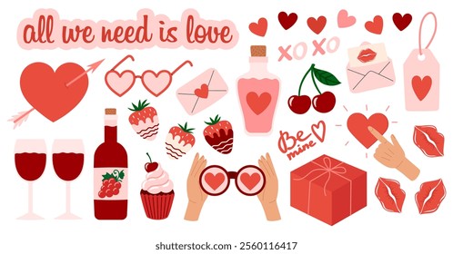 Love elements set. Valentine's day stickers and greeting cards. Hearts, gifts, sweets, cake, envelopes and other romantic symbols. Flat Vector illustration isolated on white background 