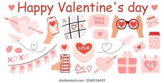 Love elements set. Valentine's day stickers and greeting cards. Hearts, gifts, sweets, cake, envelopes and other romantic symbols. Flat Vector illustration isolated on white background 