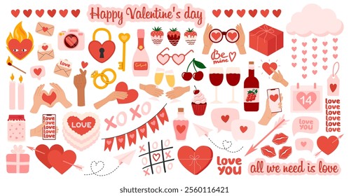 Love elements set. Valentine's day stickers and greeting cards. Hearts, gifts, sweets, cake, envelopes and other romantic symbols. Flat Vector illustration isolated on white background 