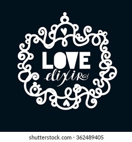 Love elixir. Alchemist elegant monochrome lable. Vector Tattoo art. Romance, occult. Vintage style.  Valentine's day concept.