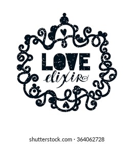Love elixir. Alchemist elegant monochrome lable. Vector Tattoo art. Romance, occult. Vintage style.  Valentine's day concept.