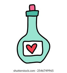 Garrafa de poção elixir amor com cortiça de madeira e coração isolado no branco no estilo doodle. Desenhado elixir de amor para o Dia dos Namorados, casamentos. Elixir de amor ideal para momentos encantadores, celebrações românticas