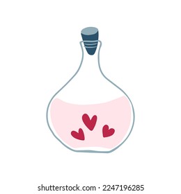 Love elixir in stoppered bottle. Magical beverage. Love potion icon isolated on white. Hand drawn vector illustration.