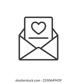 Correo electrónico del amor, icono en diseño de línea. Amor, correo electrónico, corazón, mensaje, romance, correo, bandeja de entrada sobre Vector de fondo blanco. Icono de trazo editable del correo electrónico del amor