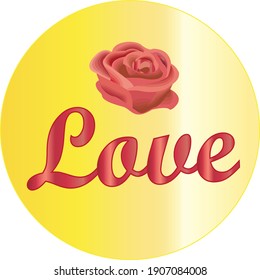love emblem in vector with lettering and rose flower on yellow background
