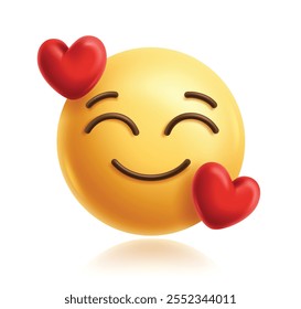 En el amor emoji 3d personaje Clipart. Emoji carácter lindo en feliz, sonriente, disfrutar, tímido, inspirado, obsesionado y linda expresión facial con elemento gráfico en forma de corazón rojo. Ilustración vectorial en el amor 