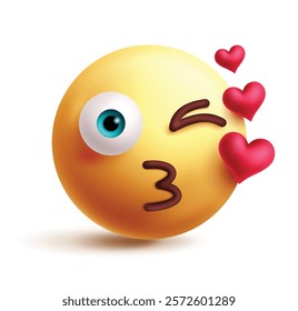 In love emoji 3d clipart character. Emoji character in happy face winking, kiss, cute, smiling, obsessed and funny with heart graphic element. Vector illustration in love emoticon clip art. 
