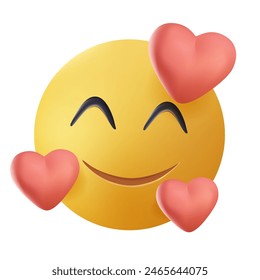 In love emoji with hearts. Love emoticon, yellow face with heart around and smile. Love, valentine emoji. Fall in love reaction for chat or communication messenger. 3D vector icon.