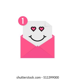 love emoji in pink letter notification. concept of character, happy valentine day, romance, cheerful, satisfied, pleased, billet-doux. flat style trend modern logo graphic design on white background