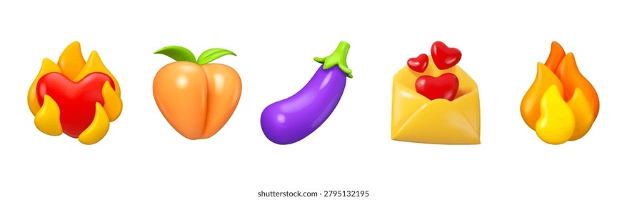 Love emoji set. Vector 3d icons collection. Peach, eggplant, heart, fire and envelope with hearts.