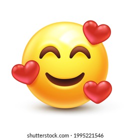 In love emoji. Smiling emoticon with three hearts 3D stylized vector icon