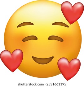 In love emoji. Smiling emoticon with three hearts.