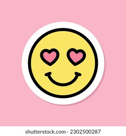 in love emoji sticker, heart eyes, black outline, cute sticker on pink background, groovy aesthetic, vector design element