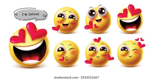 Conjunto de personajes de Vector de emoji de amor. En el amor 3d emoticonos amarillos con feliz, atraer, obsesionado, cara linda y encantadores emojis sonrientes Elementos de colección de personajes. Emoji de corazón de Ilustración vectorial 