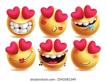 Love emoji vector characters set. In love emojis with facial expressions like funny, kiss mark, obsessed, romantic, singing and attract clip art  character design elements. Vector illustration in love