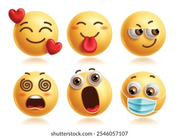 Conjunto de personajes de Vector de emoji de amor. Emojis de amor Personaje de arte de Clip de ícono 3d con expresión facial tonta, traviesa, sonrisa, ojos laterales, mareado, shock y enfermo. Emoticonos de amor de Ilustración vectorial 