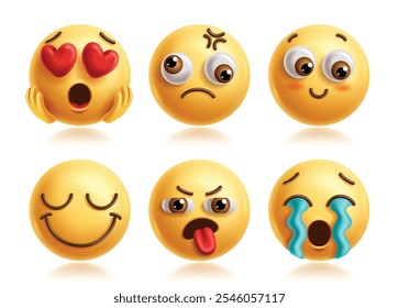 No amor emoji conjunto de caracteres vetoriais. Coração olhos emojis clip art personagem com tímido, rubor, feliz, sorrindo, mudo e sob coleção de ícones de expressão facial. Ilustração vetorial em elementos emoticon de amor