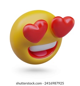 Love emoticon with hearts instead of eyes. Demonstration of admiration, adoration. Yellow head with gaping mouth, love at first sight. Flirt, romantic concept