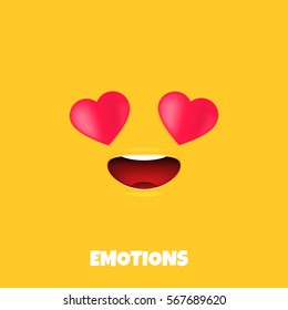 Love emoticon. Smile with heart eyes face emoji isolated on yellow background