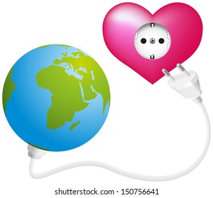 Love Energy - Globe that gets power and energy from a heart-shaped socket. Isolated vector on white background. 